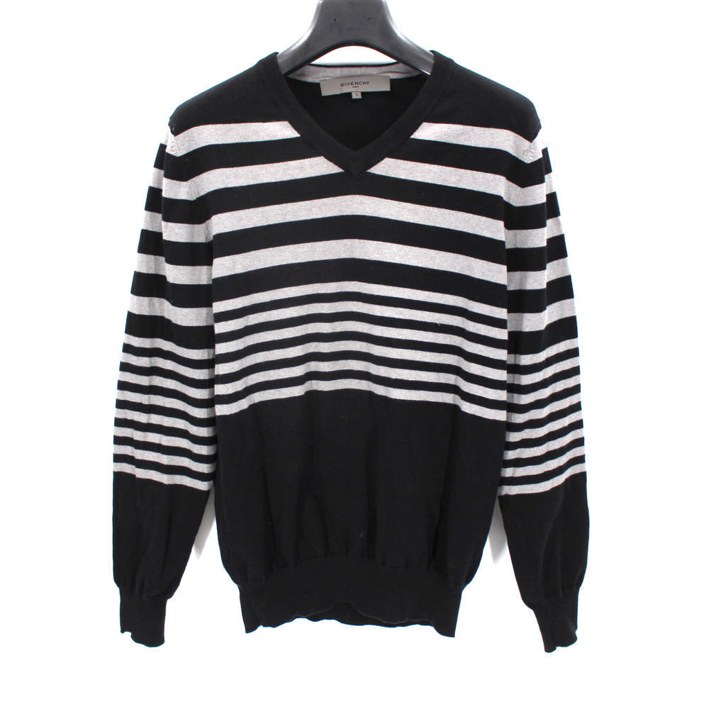 Givenchy Men Cotton Nylon Knit Black Grey Stripe V-Neckline Pullover Sweater S